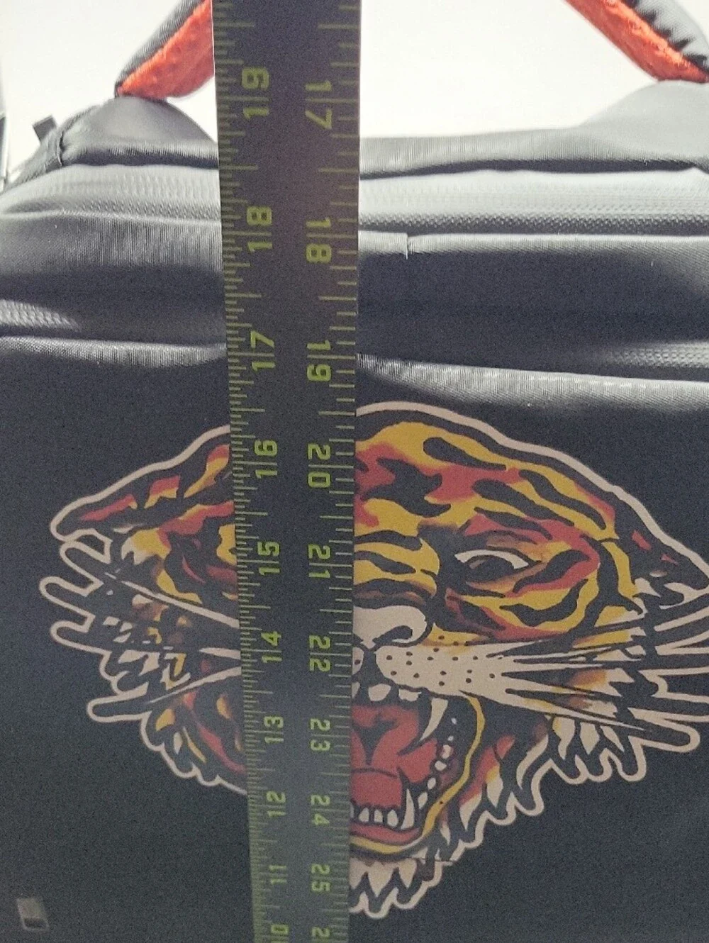 Ed Hardy Black Backpack with Multicolor Tiger Patch and Orange Accents